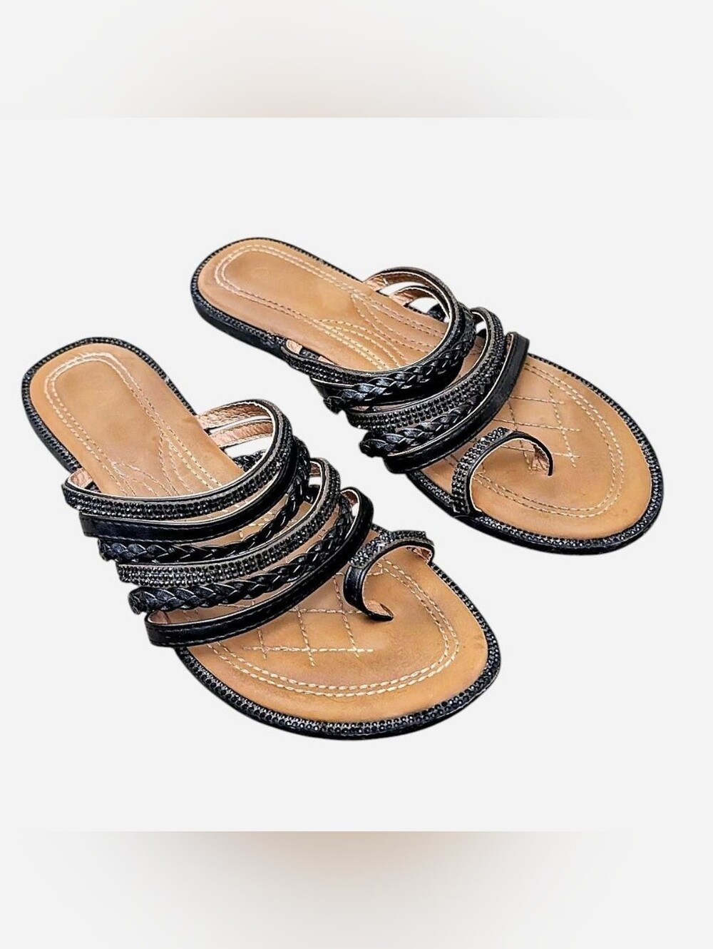 Women’s Black Braided Multi-Strap Slide Sandals